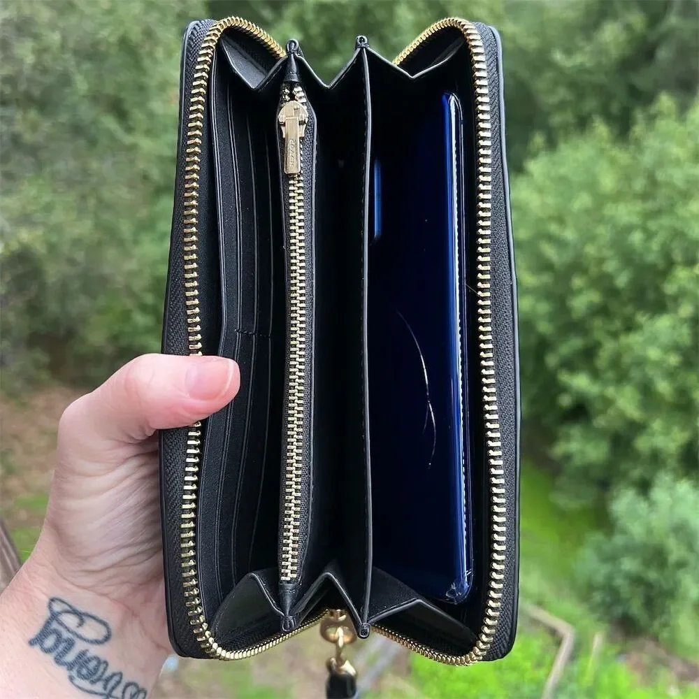 COACH Black Leather Phone Wallet Wristlet with Gold Hardware AUTHENTIC